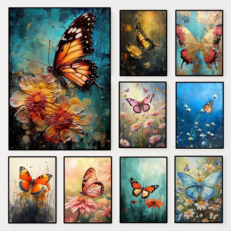 Resin Art Flower - Çiçekli Kelebek Posteri Renkli Böcek Çiçek